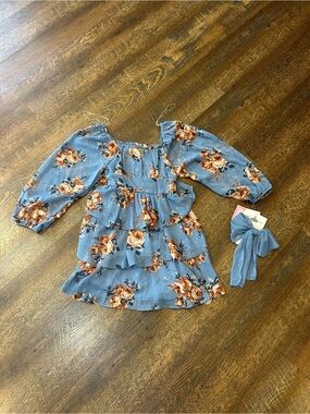 Rare Editions Blue Floral Smocked Dress with Gold Accents